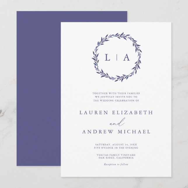 Simple Rustic Purple Modern Greenery Wedding Invitation (Front/Back)