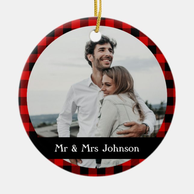 Simple Rustic Red Black Buffalo Plaid Photo Ceramic Ornament (Front)