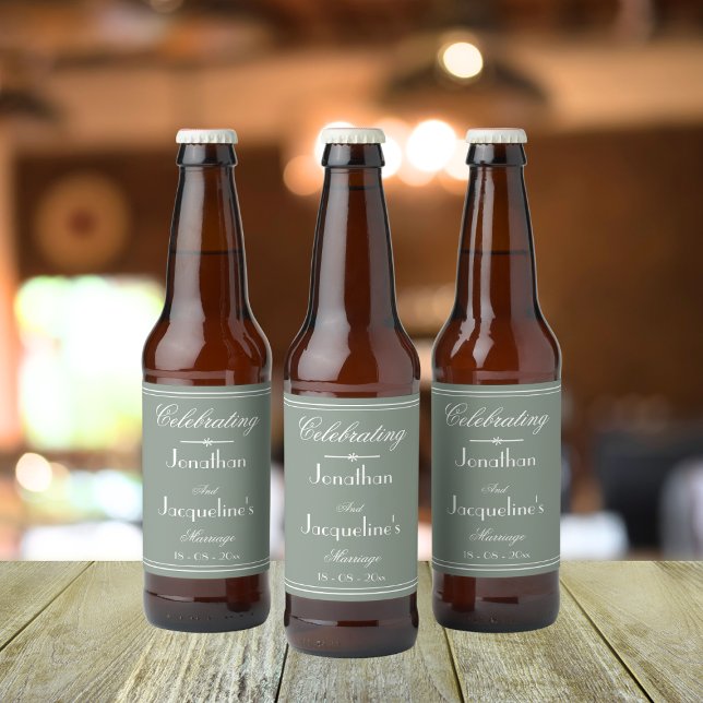 Simple Rustic Sage Green Wedding Chic Script Names Beer Bottle Label (For a Simple Rustic Sage Green Wedding - Chic Script Names Beer Bottle Labels.)