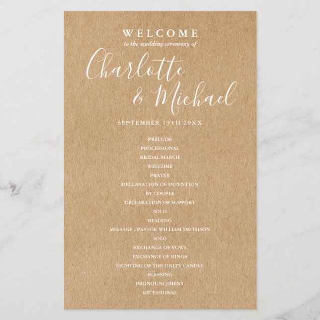 Simple Rustic Signature Script Wedding Program (Front)