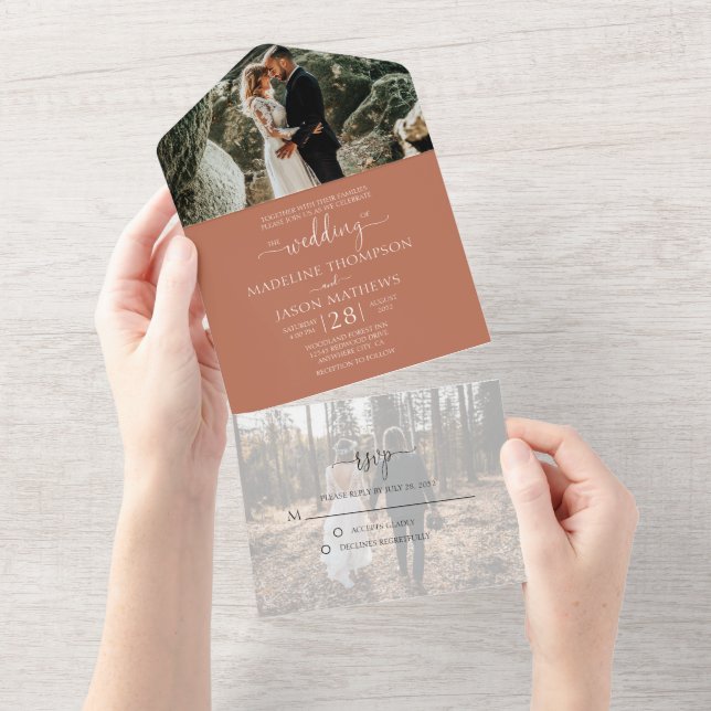 Simple Rustic Terracotta 2 Photo RSVP Wedding All In One Invitation (Tearaway)
