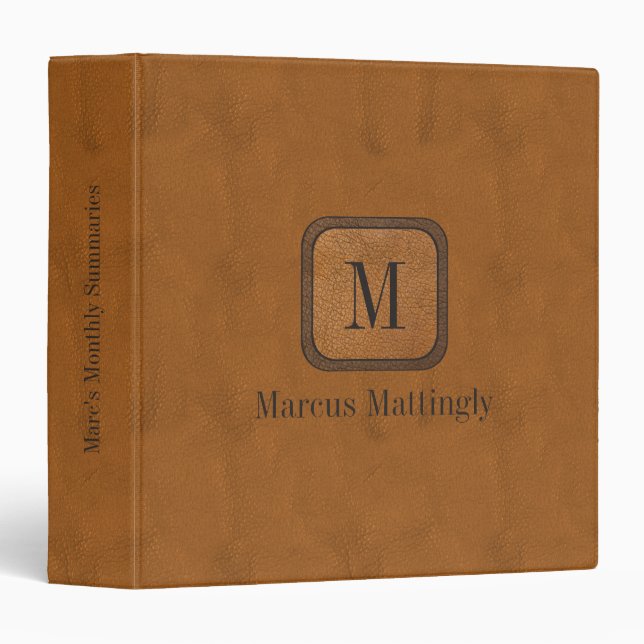 Simple Rustic Vintage Leather Chic Monogram Name Binder (Front/Spine)