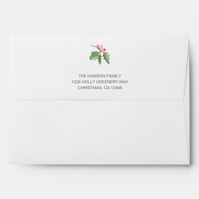 Simple Rustic Watercolor Holly Berries Christmas Envelope (Back (Top Flap))