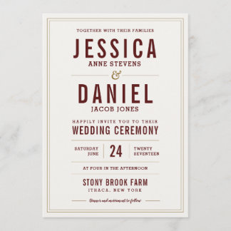 Simple Rustic Wedding Invitation Maroon Text