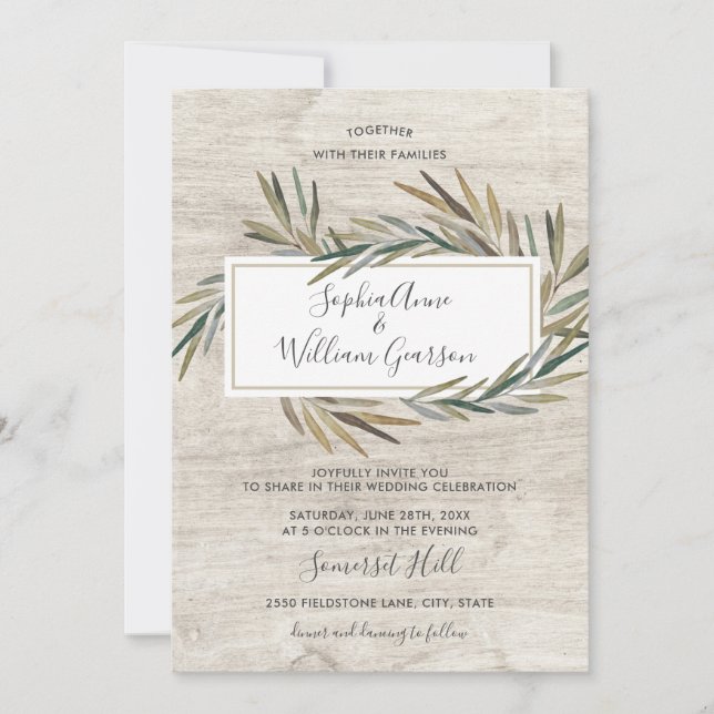 Simple Rustic Wedding White Wood & Watercolor Herb Invitation (Front)