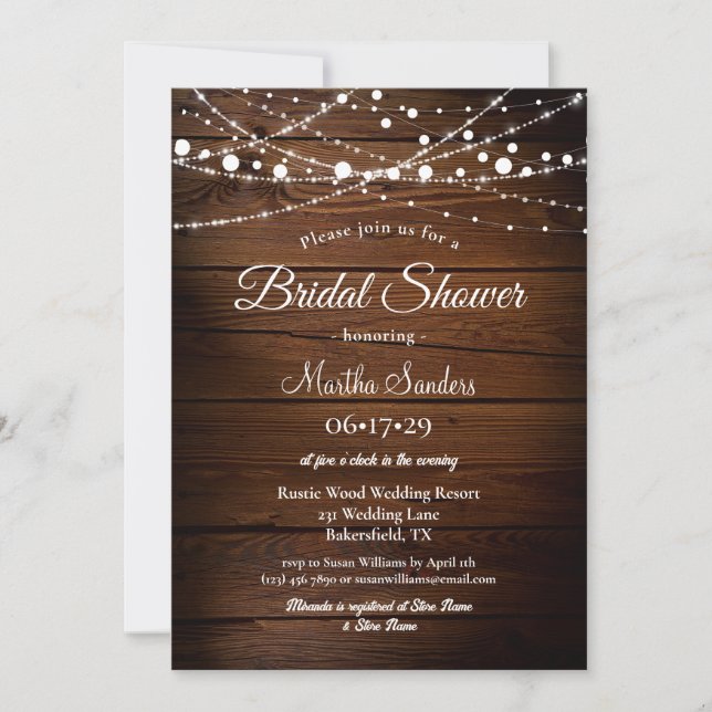 Simple Rustic Wood and String Lights Bridal Shower Invitation (Front)