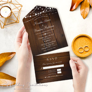 Simple Rustic Wood and String Lights Wedding All In One Invitation