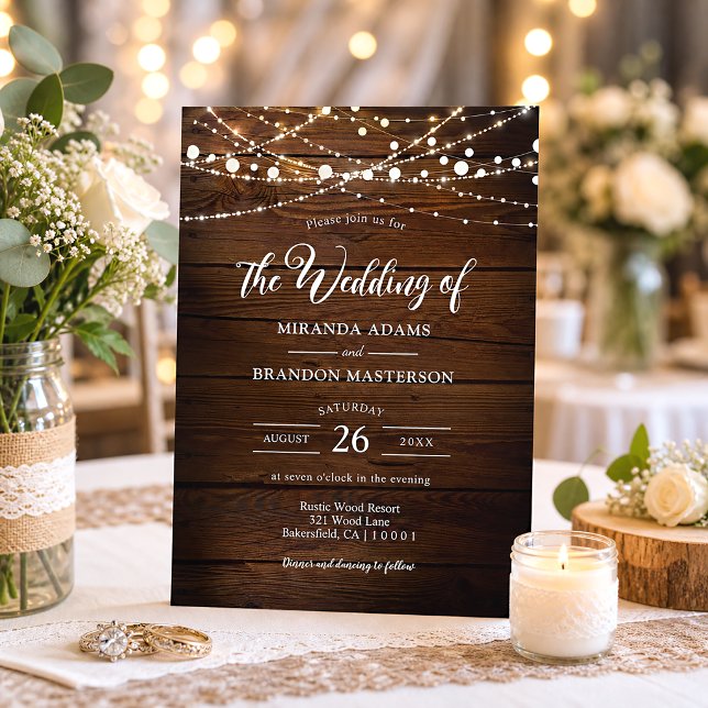 Simple Rustic Wood and String Lights Wedding Invitation (Creator Uploaded)