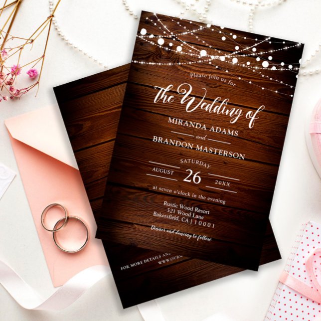 Simple Rustic Wood and String Lights Wedding Invitation (Creator Uploaded)