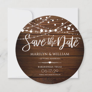 Simple Rustic Wood and String Lights Wedding Save The Date