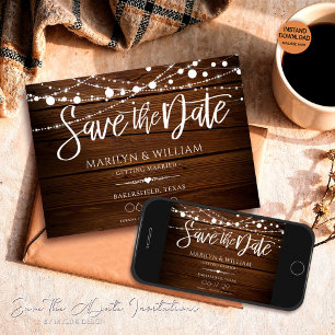 Simple Rustic Wood and String Lights Wedding Save The Date
