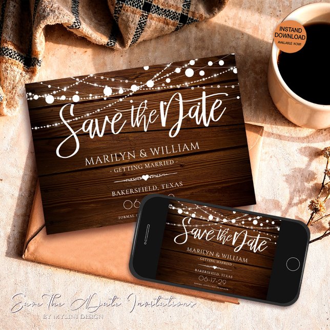 Simple Rustic Wood and String Lights Wedding Save The Date (Creator Uploaded)