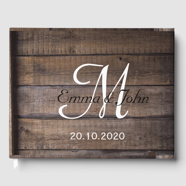 Simple Rustic Wood Monogram Mariage Livre d'invité (Recto)