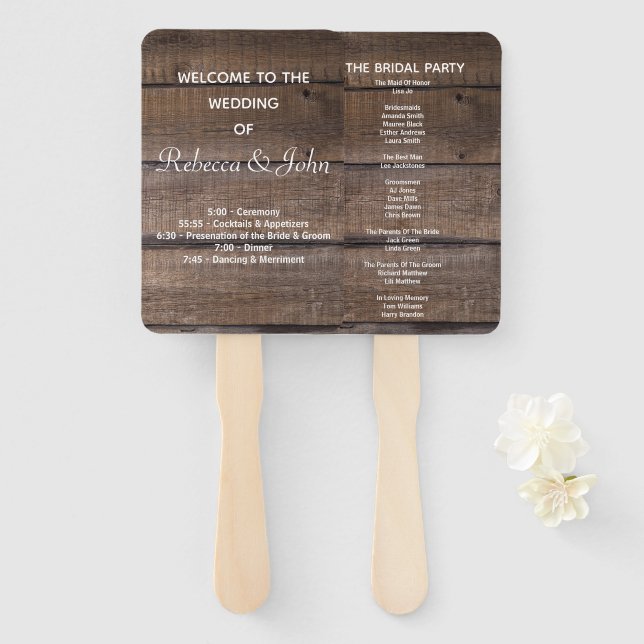 Simple Rustic Wood Wedding Program Hand Fan (Front and Back)