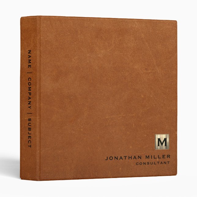 Simple Sable Leather Gold Monogram Binder (Front/Spine)