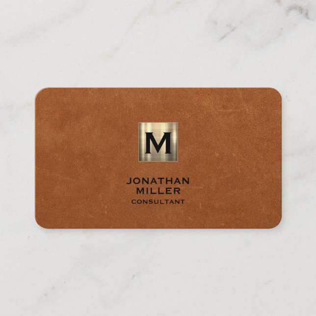 Simple Sable Leather Gold Monogram Business Card (Front)