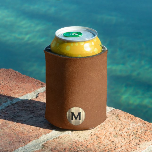 Simple Sable Leather Gold Monogram Can Cooler (In Situ Pool)