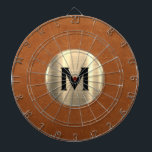 Simple Sable Leather Gold Monogram Dartboard<br><div class="desc">Modern dart board with a brushed metallic gold monogram medallion with classic block typography initial on a sable brown distressed leather texture background. Personalize with monogram initial; use customize menu to change background colour or typography.</div>