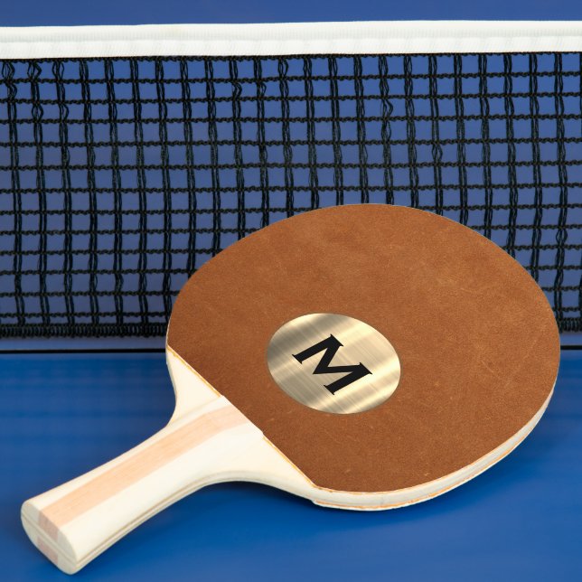 Simple Sable Leather Gold Monogram Ping Pong Paddle (Insitu)