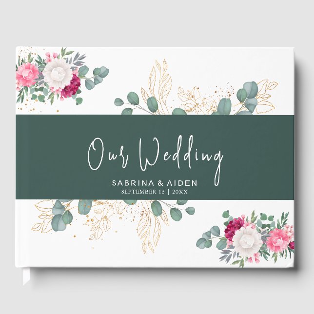 Simple Sage Green | Bllush Pink Floral Wedding Guest Book (Front)