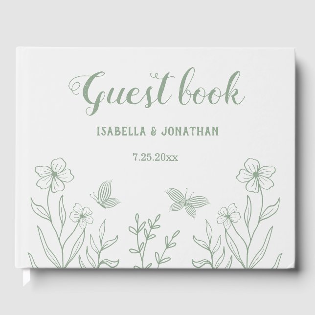 Simple sage green botanical wedding guest book (Front)
