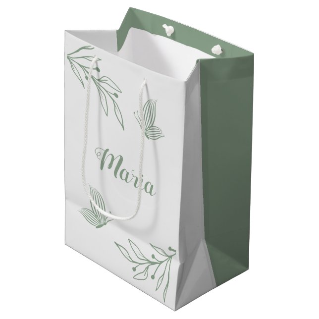 Simple sage green botanical wedding medium gift bag (Front Angled)
