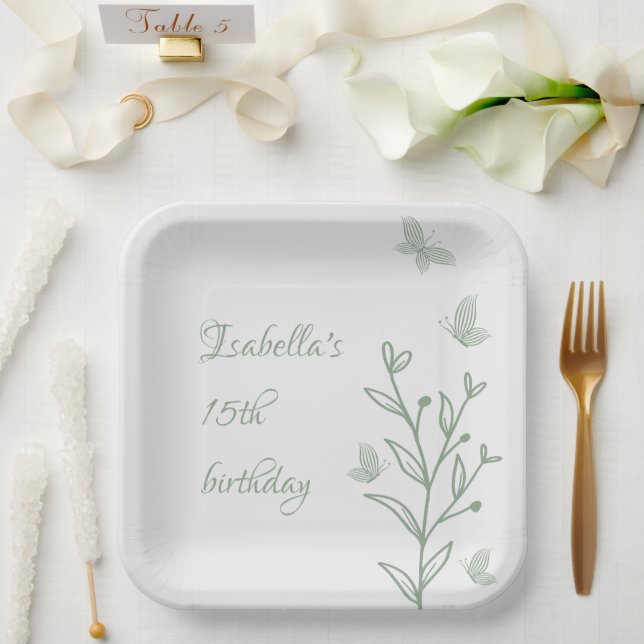 Simple sage green botanical wedding  paper plate (Wedding)
