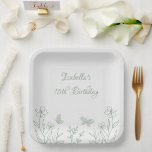 Simple sage green botanical wedding  paper plate