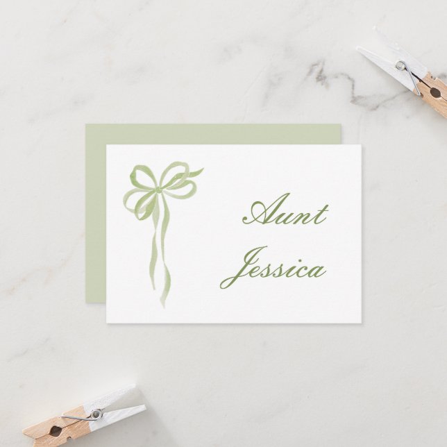 Simple sage green bow flat place card (Front/Back In Situ)