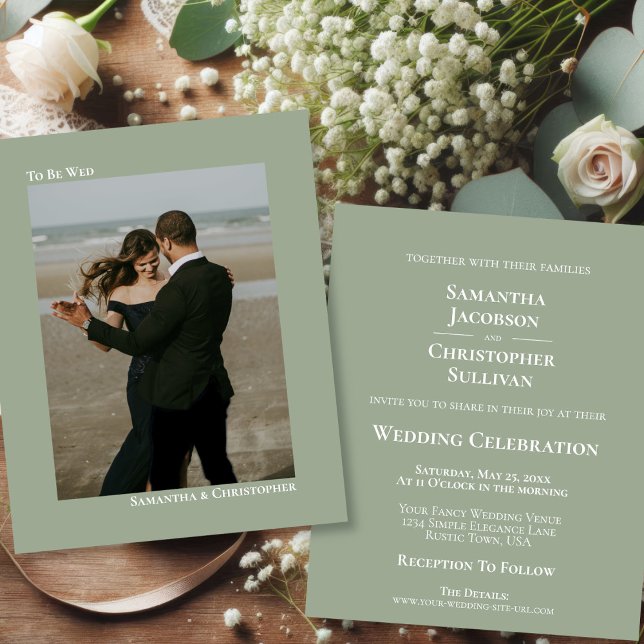 Simple Sage Green BUDGET Wedding Photo Invitation (Front/Back)