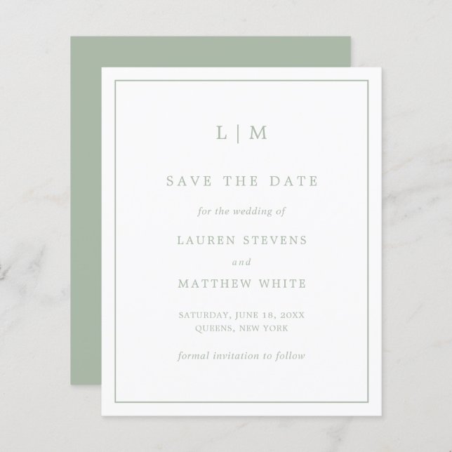 Simple Sage Green Budget Wedding Save the Date (Front/Back)