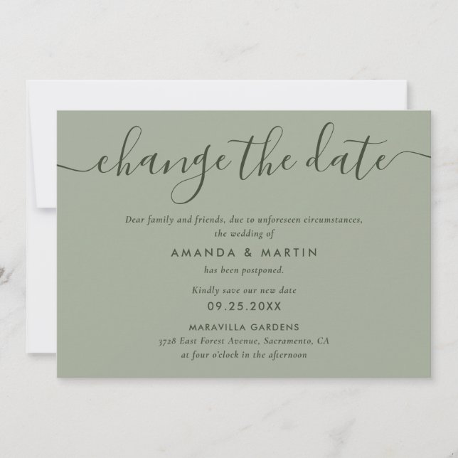 Simple Sage Green Change The Date Postponement Announcement (Front)