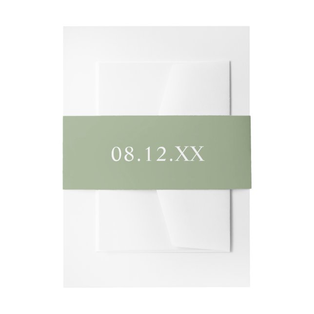 Simple Sage Green Date Wedding Invitation Belly Band (Front Example)