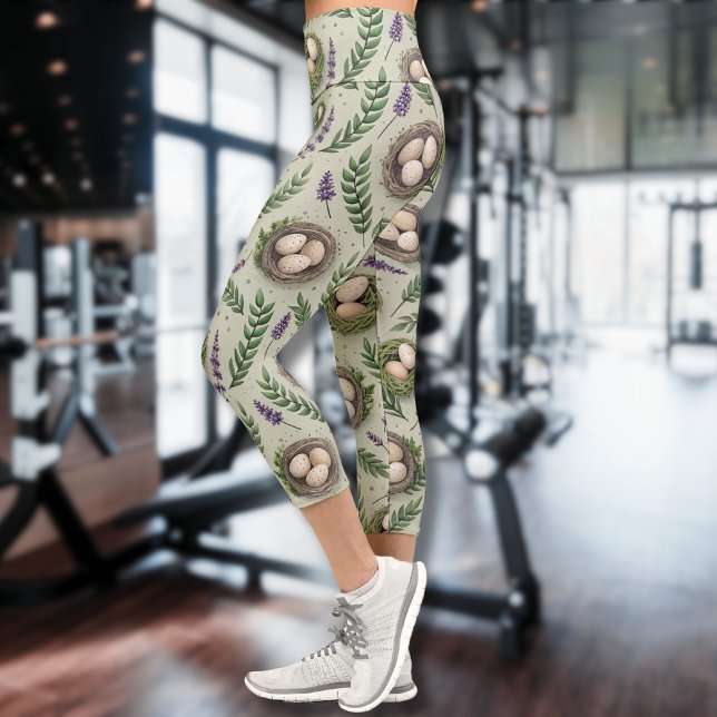 Simple Sage Green Easter Eggs Lavender Nest Capri Leggings (Creator Uploaded)
