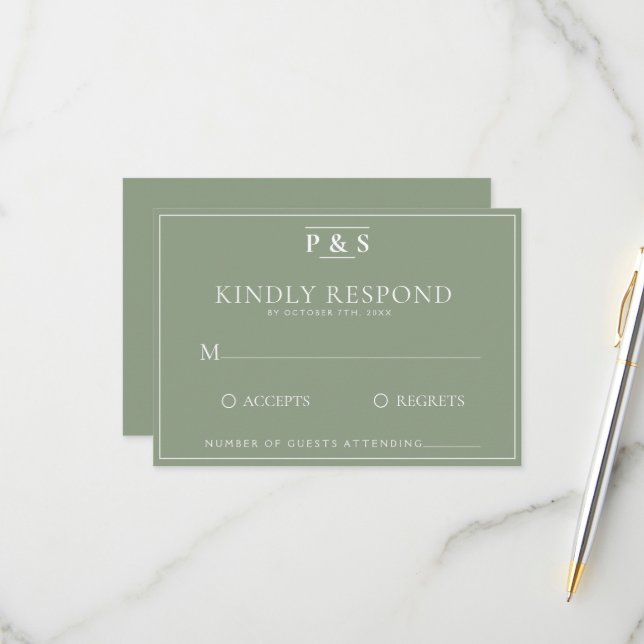 Simple Sage Green Elegant Monogram Chic Wedding  RSVP Card (Front/Back In Situ)