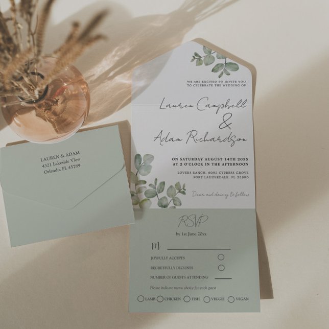 Simple Sage Green Eucalyptus Calligraphy Wedding   All In One Invitation (Creator Uploaded)