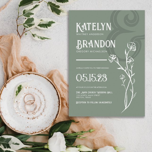 Simple Sage Green Floral Foliage Wedding Invitatio Invitation (Creator Uploaded)