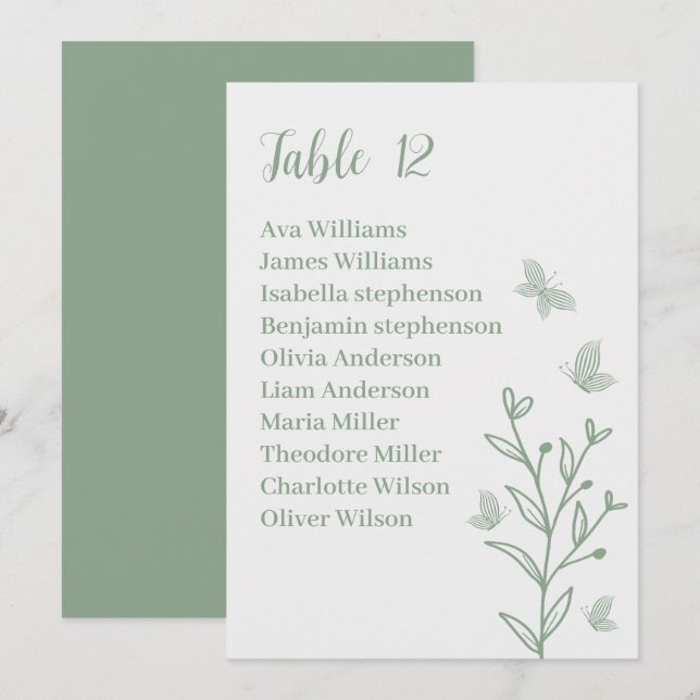 Simple sage green floral seating chart card (Front/Back)