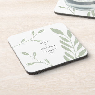 Simple Sage Green Foliage Names Date Wedding Favou Coaster