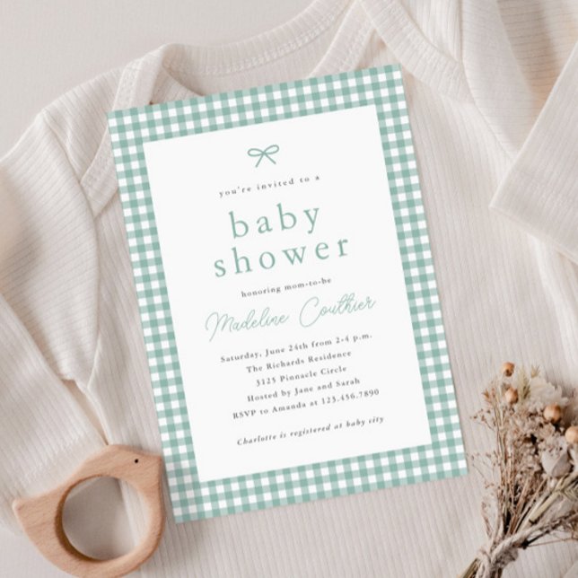 Simple Sage Green Gender Neutral Baby Shower Invitation (Gingham check sage green gender neutral baby shower invitation.)