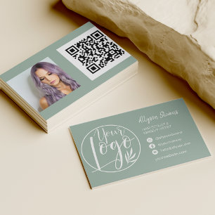 Simple sage green hair makeup photo logo qr code business card