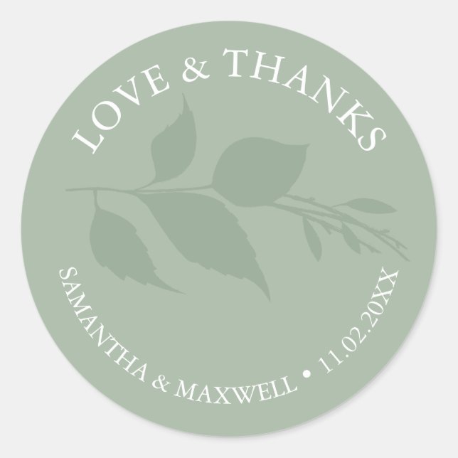 Simple Sage Green Leaves Thank You Wedding Classic Round Sticker (Front)