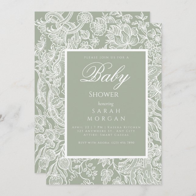 Simple Sage Green Line Art Wildflower Invitation (Front/Back)