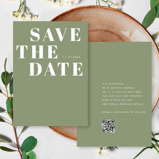 Simple Sage Green Minimalist QR Code Wedding Save The Date (Creator Uploaded)