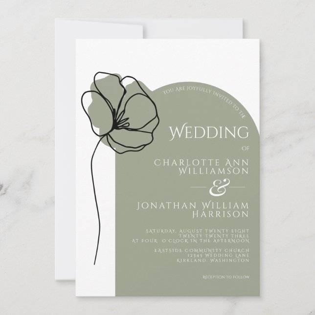Simple Sage Green Modern Arch Floral Sketch Invitation (Front)