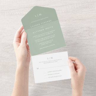 Simple Sage Green Monogram Elegant Wedding All In One Invitation