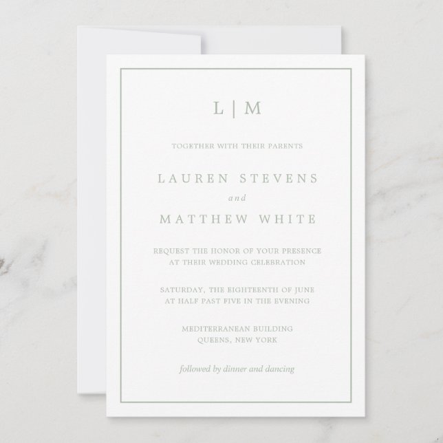 Simple Sage Green Monogram Elegant Wedding Invitation (Front)
