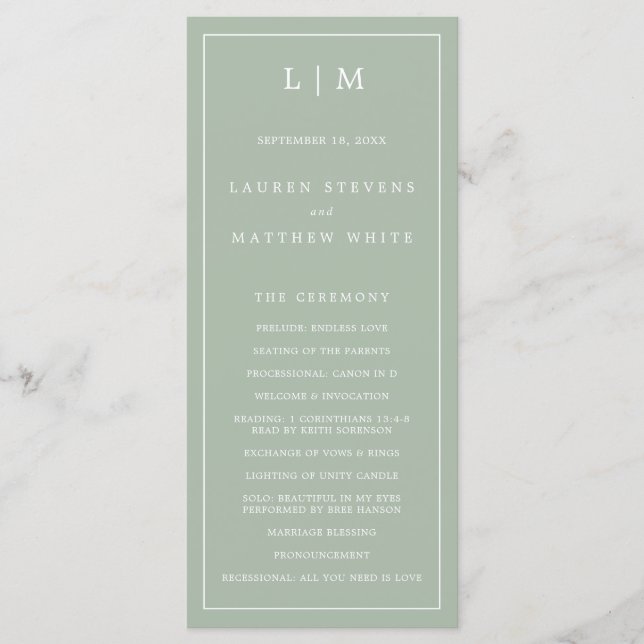 Simple Sage Green Monogram Elegant Wedding Program (Front)
