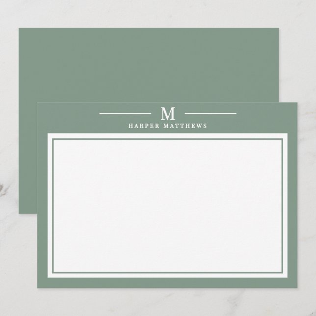 Simple Sage Green Monogram Stationery Card (Front/Back)