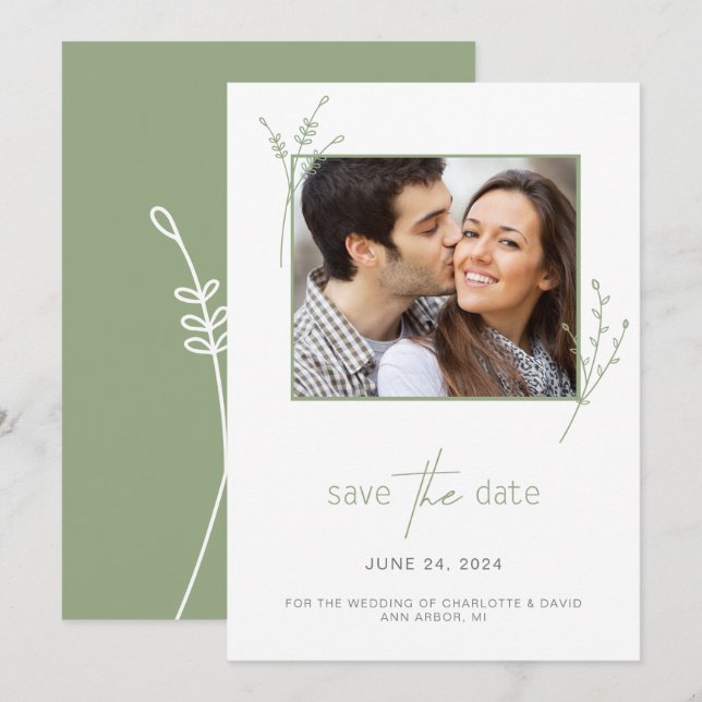 Simple Sage Green Photo Wedding Save The Date (Front/Back)